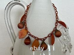 Antique Vintage Old Chain Celluloid Leaf Nut Charm Choker Necklace Brown Orange