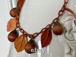 Antique Vintage Old Chain Celluloid Leaf Nut Charm Choker Necklace Brown Orange