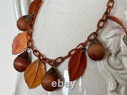 Antique Vintage Old Chain Celluloid Leaf Nut Charm Choker Necklace Brown Orange