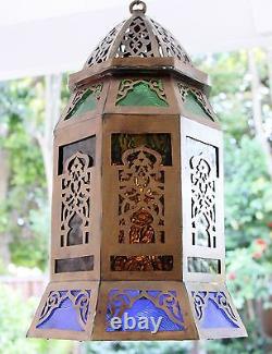 Antique Vintage Old Heavy Filigree Solid Bronze Lantern Chandelier Hanging Lamp