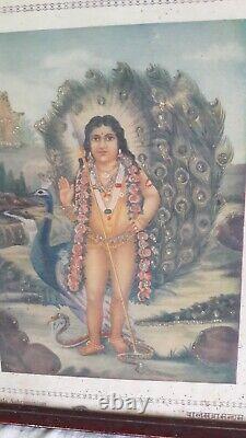 Antique Vintage Old Jigna Print Hindu Lord Muruga with Peacock Estate Decor F-27