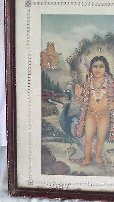 Antique Vintage Old Jigna Print Hindu Lord Muruga with Peacock Estate Decor F-27