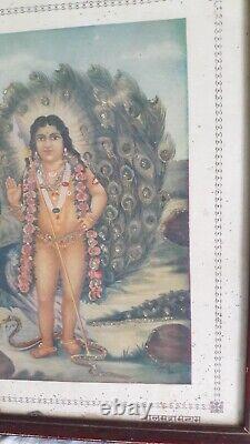 Antique Vintage Old Jigna Print Hindu Lord Muruga with Peacock Estate Decor F-27