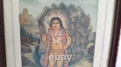 Antique Vintage Old Jigna Print Hindu Lord Muruga with Peacock Estate Decor F-27