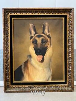 Antique Vintage Old Mid Century German Shephard Dog Oil Painting, Signed 50s