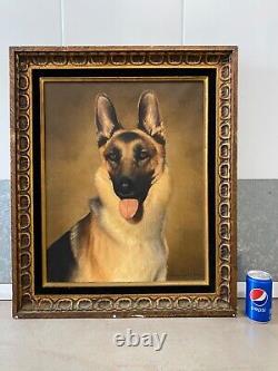 Antique Vintage Old Mid Century German Shephard Dog Oil Painting, Signed 50s