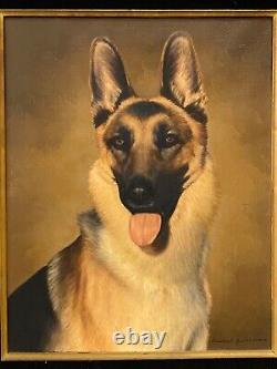 Antique Vintage Old Mid Century German Shephard Dog Oil Painting, Signed 50s