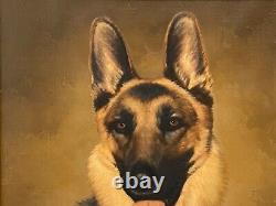 Antique Vintage Old Mid Century German Shephard Dog Oil Painting, Signed 50s
