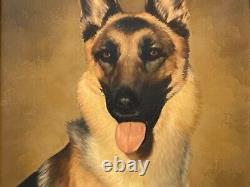 Antique Vintage Old Mid Century German Shephard Dog Oil Painting, Signed 50s