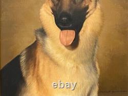 Antique Vintage Old Mid Century German Shephard Dog Oil Painting, Signed 50s