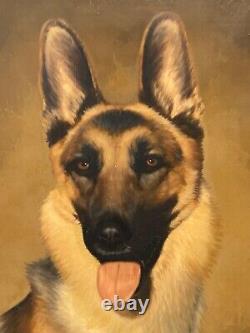 Antique Vintage Old Mid Century German Shephard Dog Oil Painting, Signed 50s