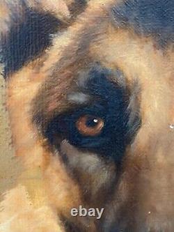 Antique Vintage Old Mid Century German Shephard Dog Oil Painting, Signed 50s