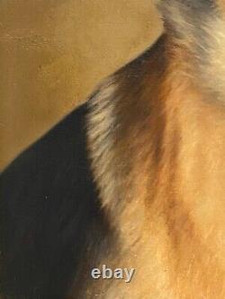 Antique Vintage Old Mid Century German Shephard Dog Oil Painting, Signed 50s