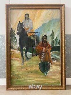 Antique Vintage Old Native American Indian Horse Oil Painting, Texas 1940s