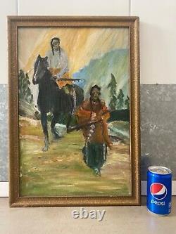 Antique Vintage Old Native American Indian Horse Oil Painting, Texas 1940s