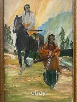 Antique Vintage Old Native American Indian Horse Oil Painting, Texas 1940s