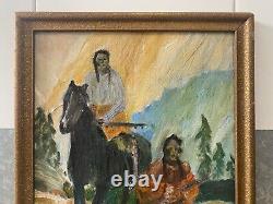 Antique Vintage Old Native American Indian Horse Oil Painting, Texas 1940s