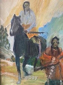 Antique Vintage Old Native American Indian Horse Oil Painting, Texas 1940s