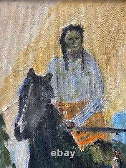 Antique Vintage Old Native American Indian Horse Oil Painting, Texas 1940s