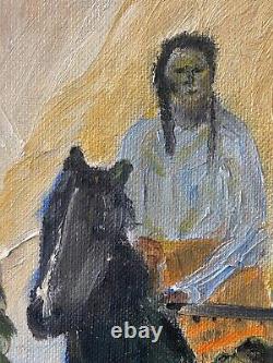 Antique Vintage Old Native American Indian Horse Oil Painting, Texas 1940s