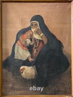 Antique Vintage Old Orientalist Muslim Arab Woman Painting, 1950s