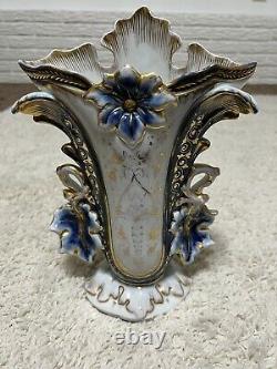 Antique Vintage Old Paris Porcelain Vase Hand Painted Floral White Blue Gold