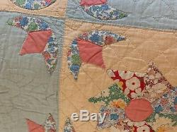 Antique Vintage Old Pastel Hand Made Pieced Quilt 74x96 Scalloped Gorgeous