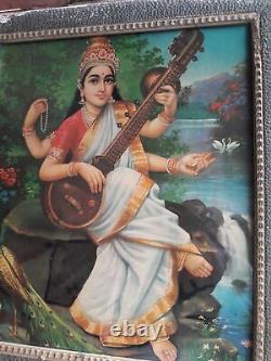 Antique Vintage Old Print Hindu. Religious Goddess Saraswati Frame Wall Decor A93