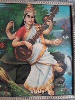 Antique Vintage Old Print Hindu. Religious Goddess Saraswati Frame Wall Decor A93