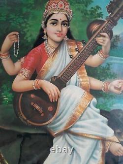 Antique Vintage Old Print Hindu. Religious Goddess Saraswati Frame Wall Decor A93