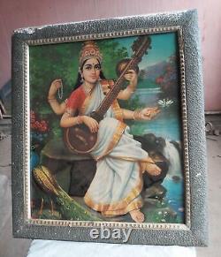 Antique Vintage Old Print Hindu. Religious Goddess Saraswati Frame Wall Decor A93