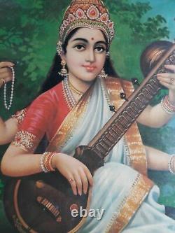 Antique Vintage Old Print Hindu. Religious Goddess Saraswati Frame Wall Decor A93