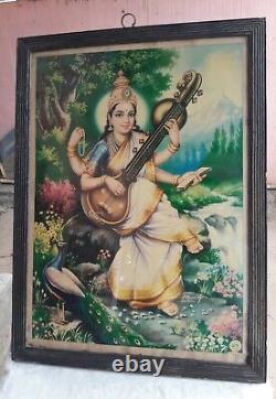 Antique Vintage Old Print Hindu Religious Goddess Saraswati Framed Wall DecorA87