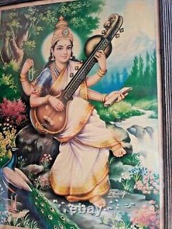 Antique Vintage Old Print Hindu Religious Goddess Saraswati Framed Wall DecorA87