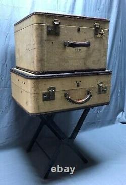 Antique Vintage Pair Travel Suitcases Old with Wood Stand Table 1297-22B