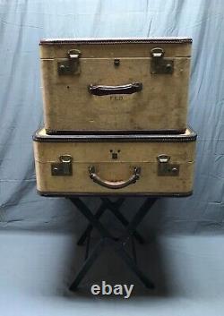 Antique Vintage Pair Travel Suitcases Old with Wood Stand Table 1297-22B