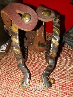 Antique Vintage Spurs Boot Riding Genuine Iron & Leather with Gold trim VERY Old