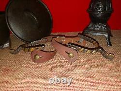 Antique Vintage Spurs Boot Riding Genuine Iron & Leather with Gold trim VERY Old