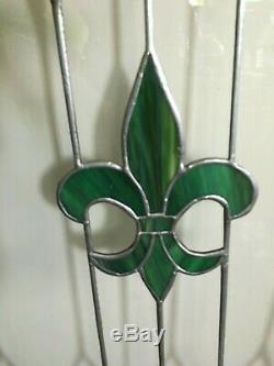 Antique Vintage Stained Glass Window Fleur de Lis, Old wavy glass Mahogany frame