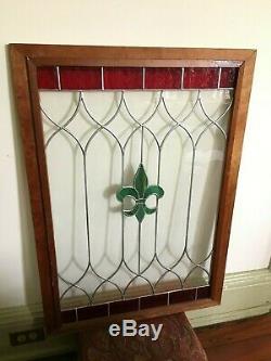Antique Vintage Stained Glass Window Fleur de Lis, Old wavy glass Mahogany frame