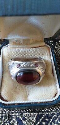 Antique Vintage Sterling Silver Heavy Cabochon Garnet Ring Signet in Old Box