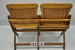 Antique Vintage Wood Slat Double Folding Seat Theater School Old Pew Chair Bench