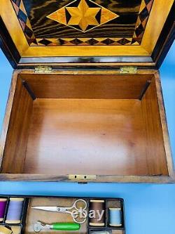 Antique Vintage Wooden Box Inlaid Burl Wood Old Wood Caddy Sewing Notions Chest