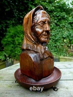 Antique Vintage Wooden Hand Carved Old Lady Art 1918 Collector Home Cottage Art