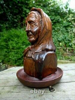 Antique Vintage Wooden Hand Carved Old Lady Art 1918 Collector Home Cottage Art