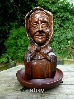 Antique Vintage Wooden Hand Carved Old Lady Art 1918 Collector Home Cottage Art