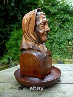 Antique Vintage Wooden Hand Carved Old Lady Art 1918 Collector Home Cottage Art