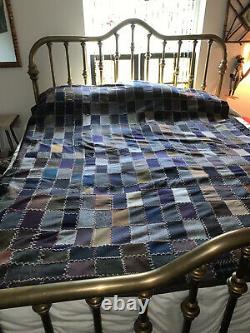 Antique Vintage Wool Patchwork Quilt 1920's Hand Embroidered Old Suit Fabric
