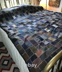 Antique Vintage Wool Patchwork Quilt 1920's Hand Embroidered Old Suit Fabric
