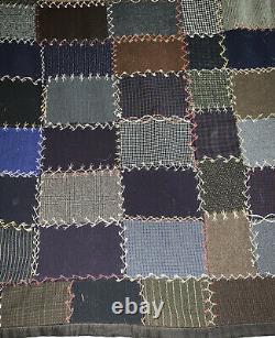 Antique Vintage Wool Patchwork Quilt 1920's Hand Embroidered Old Suit Fabric